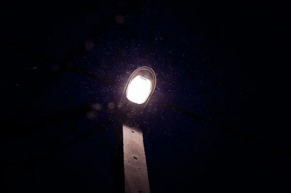 Tiro da noite de uma lâmpada de estrada na neve de inverno — Fotografia de Stock