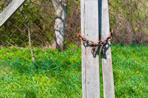 Visací zámek na dřevěný plot s jasné zelené trávě v pozadí — Stock fotografie