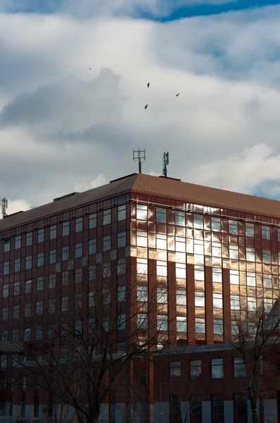 Moderní univerzitní budovy s vrány na modré obloze — Stock fotografie