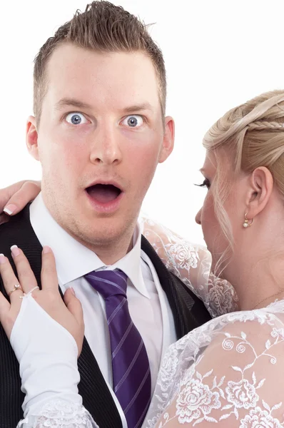 Surprised groom with her wife — Stock Photo, Image