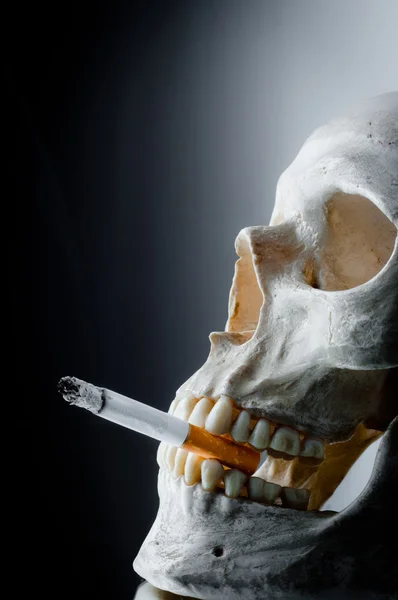Crânio com cigarro queimado na boca — Fotografia de Stock