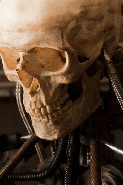 Close up van een robot met menselijke schedel — Stockfoto