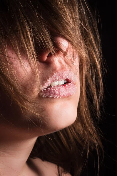 Lány a cukorral ajkán — Stock Fotó