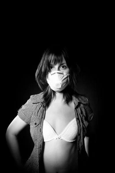 Cute girl in protective mask and linguiere. Black and White — Stock Photo, Image