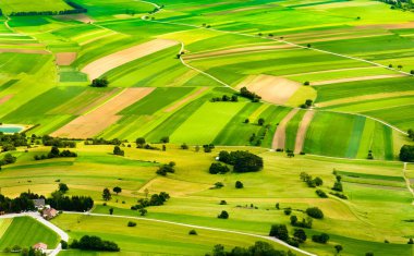 Aerial view of green fields and slopes clipart