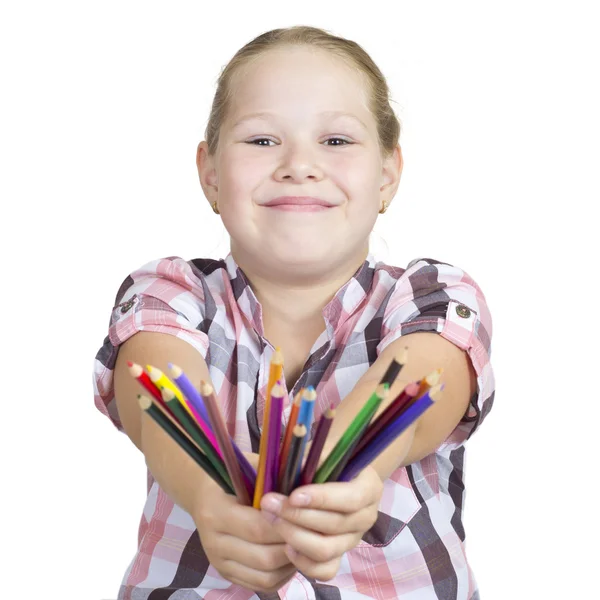 stock image Girl with colored pencils on white background