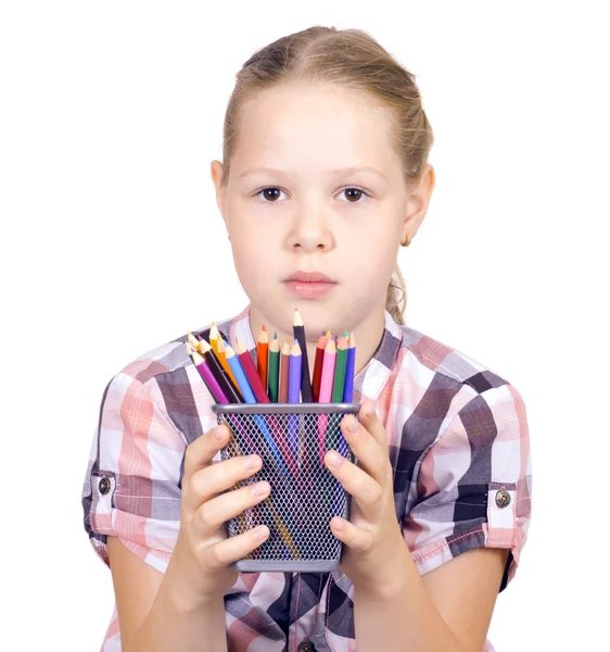 stock image Girl with colored pencils on white background