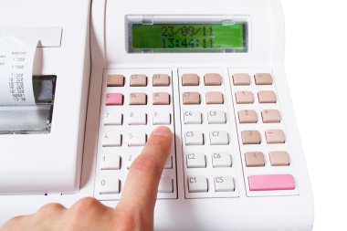 Close-up image of a shop-assistant's hand pressing a key of an e clipart