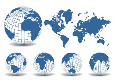 World map with Earth globes in white background clipart