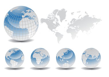 World map with Earth globes in white background clipart