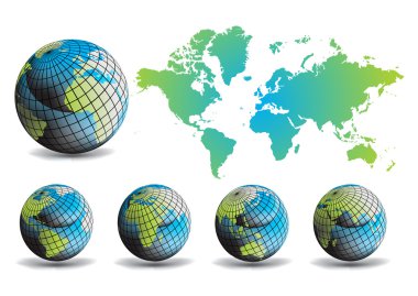 World map with Earth globes in white background clipart