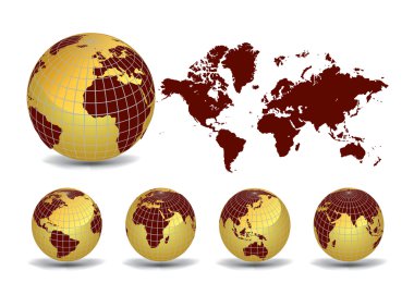 World map with Earth globes in white background clipart