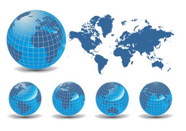 World map with Earth globes in white background clipart