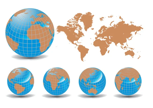 Carte du monde avec globes de la Terre en fond blanc — Image vectorielle