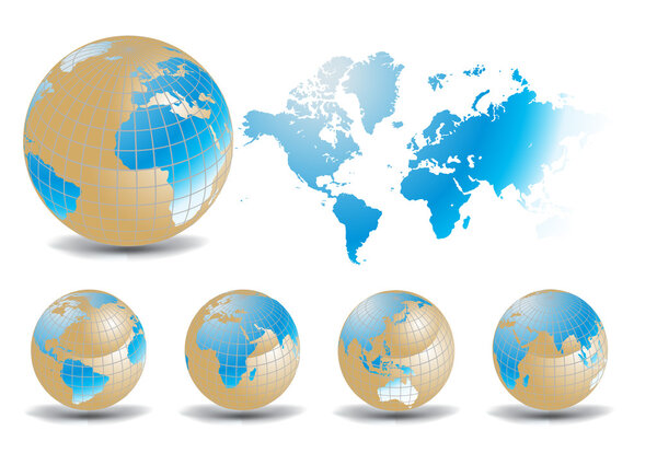World map with Earth globes in white background
