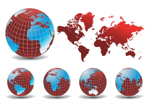 Mappa del mondo con globi terrestri su sfondo bianco — Vettoriale Stock