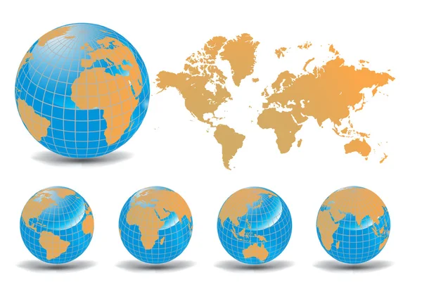 Carte du monde avec globes de la Terre en fond blanc — Image vectorielle