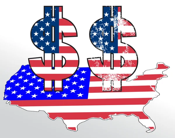 Signo de dólar con bandera de EE.UU. y mapa — Vector de stock