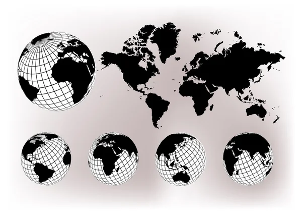Mappa del mondo con globi terrestri — Vettoriale Stock