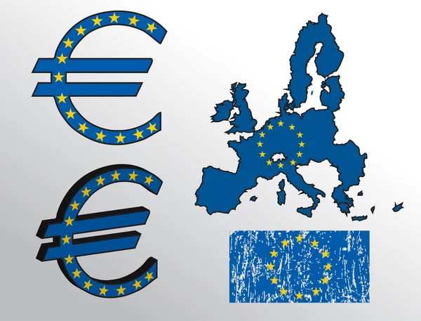Σύμβολο του ευρώ με τη σημαία της Ευρωπαϊκής Ένωσης και του χάρτη — Διανυσματικό Αρχείο