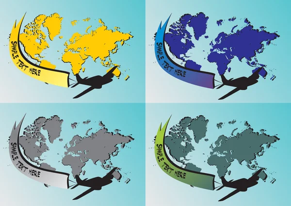 Quatre Carte du monde avec avion — Image vectorielle