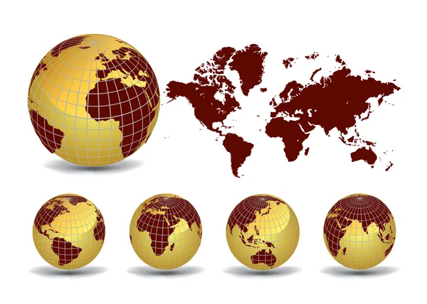 Mapa del mundo con globos terrestres en fondo blanco — Vector de stock