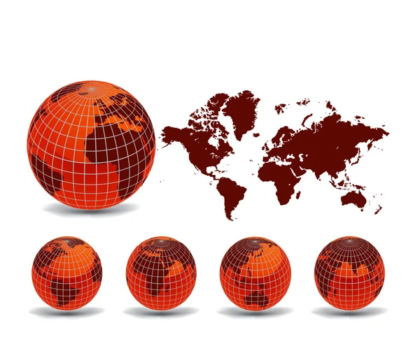 Mapa del mundo con globos terrestres en fondo blanco — Vector de stock