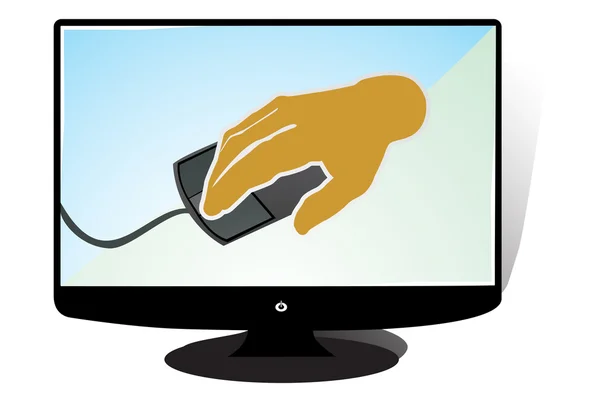 Human hand with pc mouse and lcd tv — Stock Vector