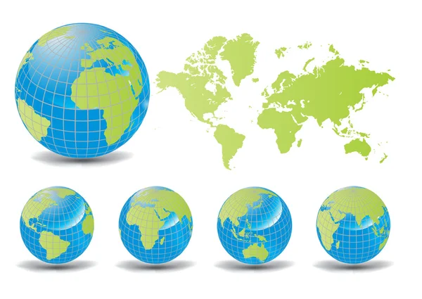 World map with Earth globes in white background — Stock Vector