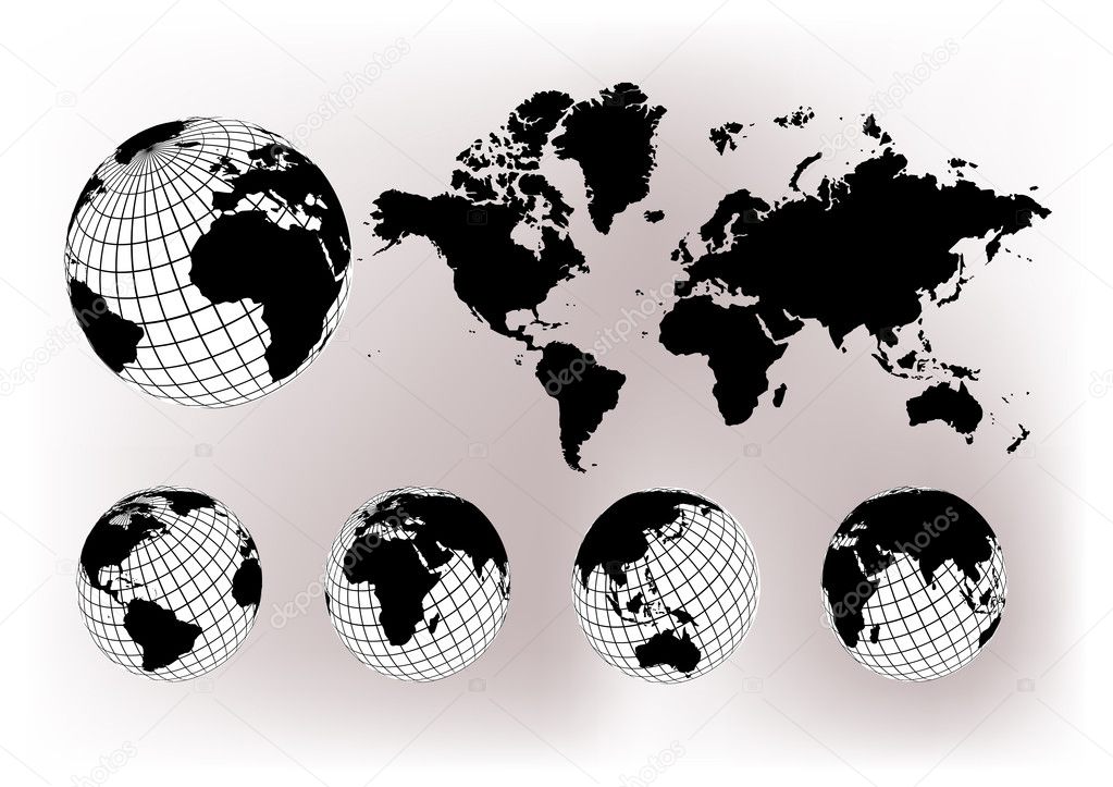 World map with Earth globes