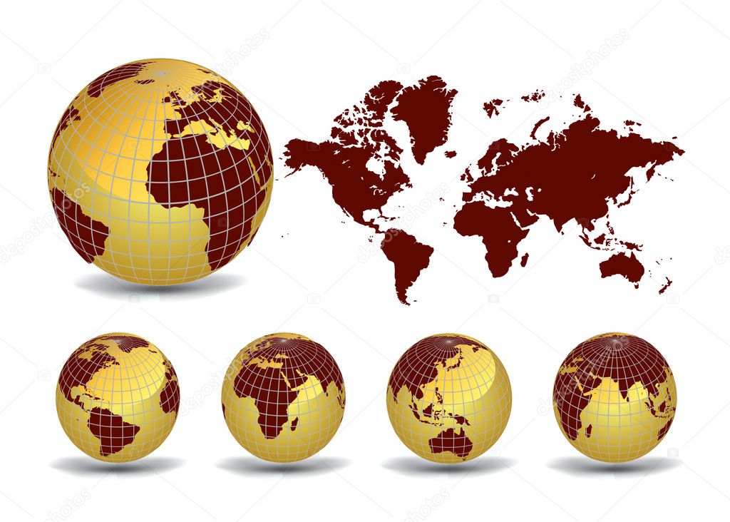 World map with Earth globes in white background