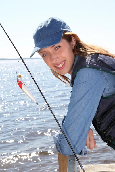 Retrato de mulher com vara de pesca — Fotografia de Stock