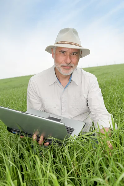 Agricultor examinando colheita com computador portátil — Fotografia de Stock