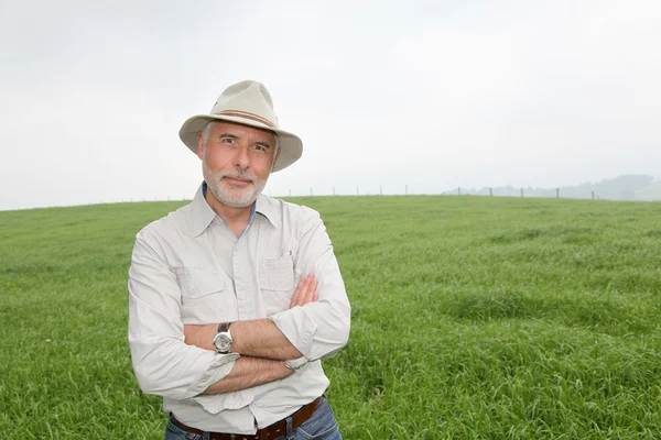 Senior man met hoed in landbouwgrond — Stockfoto