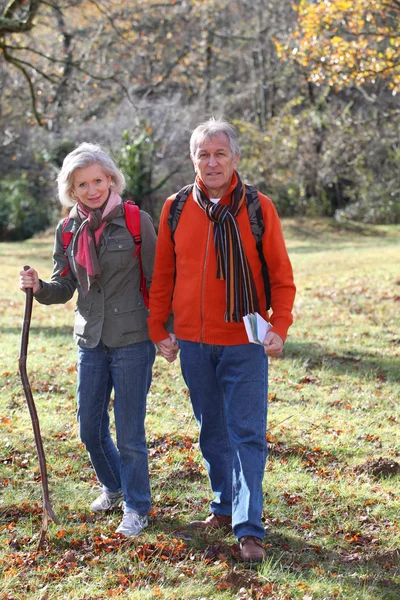 Primo piano di coppie anziane escursioni in campagna — Foto Stock