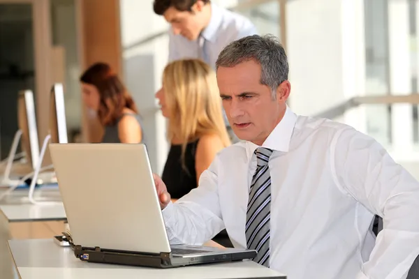 Homem de negócios maduro trabalhando no computador portátil — Fotografia de Stock