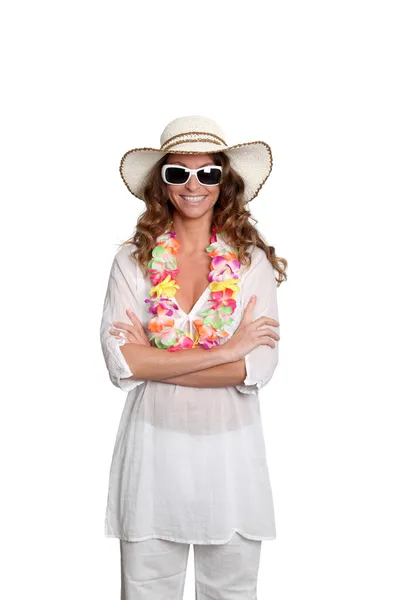 행복 한 여자 착용 하와이안 의상 — 스톡 사진