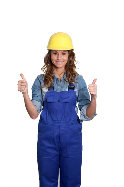 Woman with yellow security helmet — Stock Photo, Image