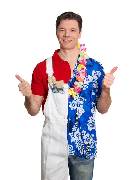 Home pintor e homem de camisa havaiana com polegares para cima — Fotografia de Stock