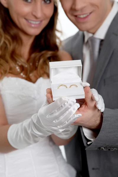 Bride and groom holding wedding rings — Stock Photo, Image