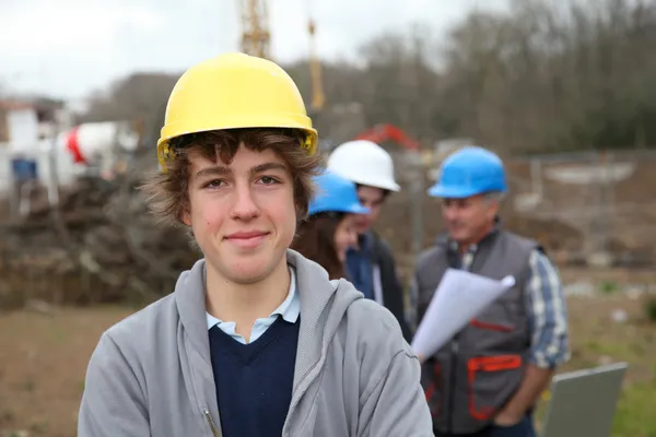 Portrait of teenager with security helmet — Stock Photo, Image