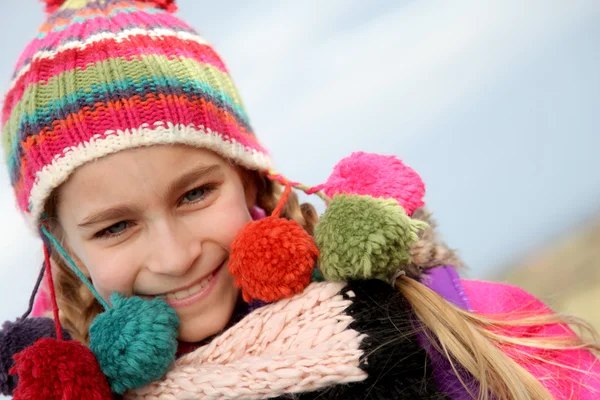 stock image Portrait of blond little girl wearing wool cap