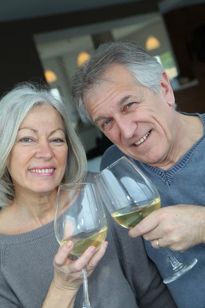 Retrato de casal sênior feliz torcendo com vinho — Fotografia de Stock
