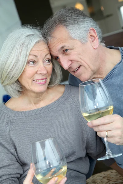 Retrato de feliz pareja de ancianos animando con vino — Foto de Stock