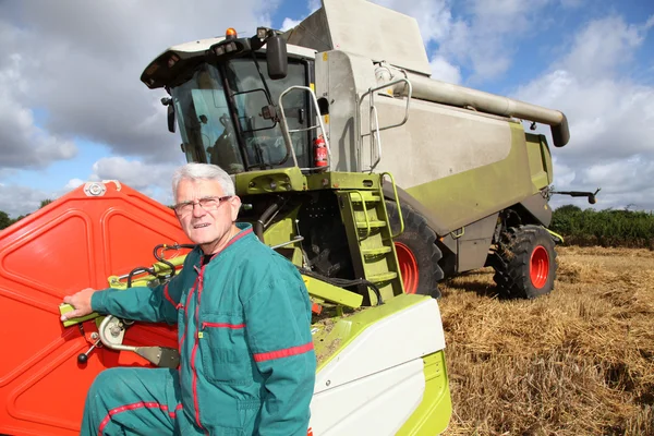 Agricultor em campo de trigo com colheitadeira — Fotografia de Stock