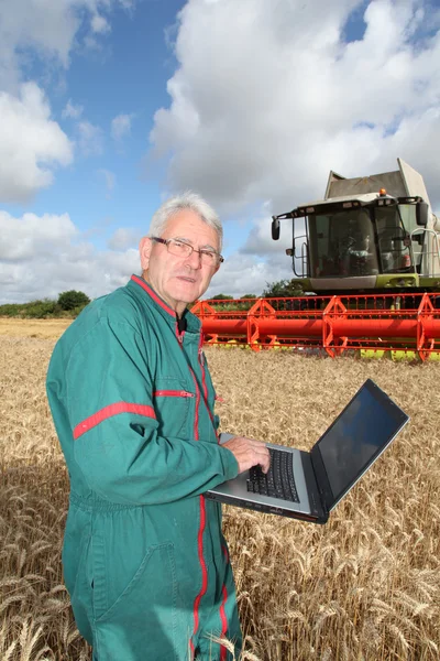 Фермер стоїть в пшеничному полі з комп'ютером — стокове фото