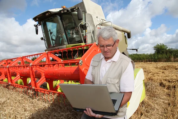 Чоловік стоїть в пшеничному полі з комп'ютером — стокове фото