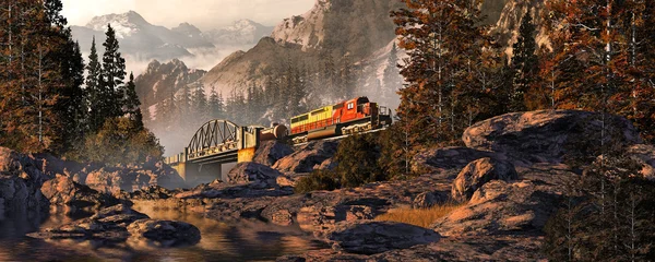 Locomotiva diesel na ponte arqueada de aço — Fotografia de Stock