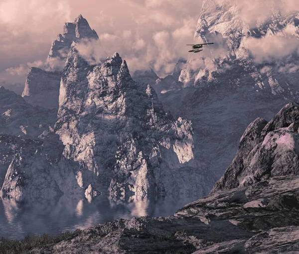Літак з понтонів в гірську ущелину — стокове фото