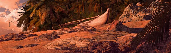 Outrigger kano op tropische kust — Stockfoto